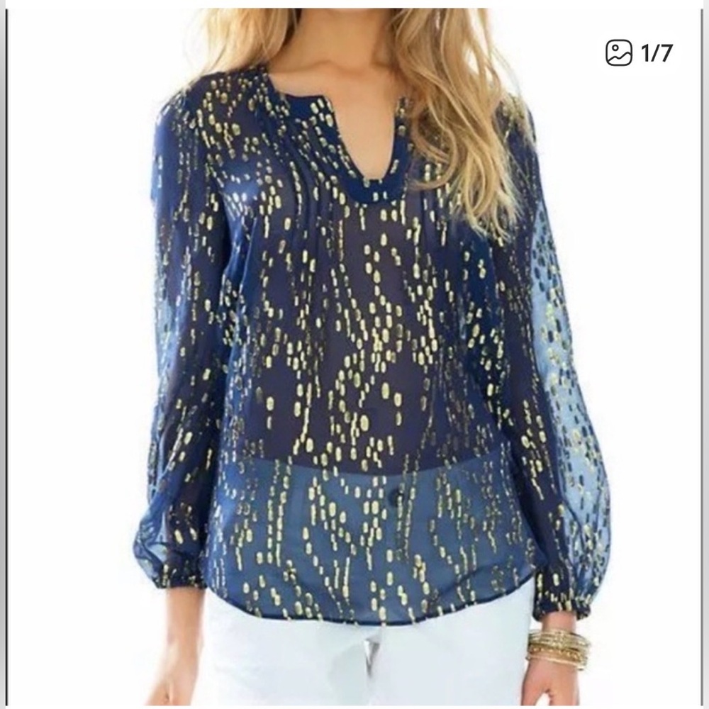 Lilly Pulitzer Navy Sheer Blouse with Gold Dot Print